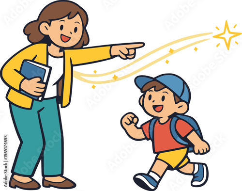 doodle illustration  flat vector of people illustration on teacher and kid relation , joy moment