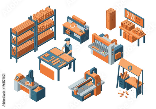 Isometric 3D view vector illustration of furniture manufacturing factory with woodworking machines, assembly tables and stacked wooden boards in industrial workshop