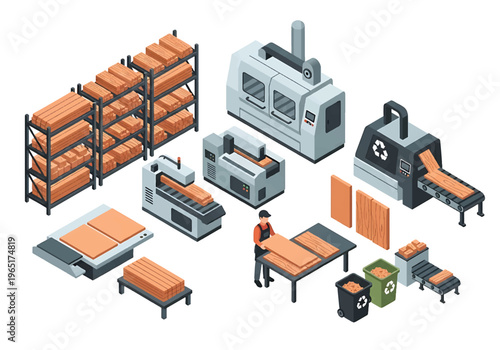Isometric 3D view vector illustration of furniture manufacturing factory with woodworking machines, assembly tables and stacked wooden boards in industrial workshop