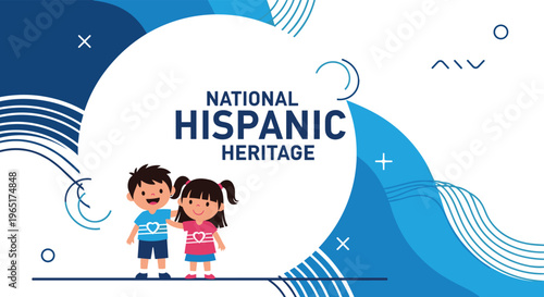 National Hispanic Heritage celebration banner featuring a happy young boy and girl in front of a blue and white abstract background.