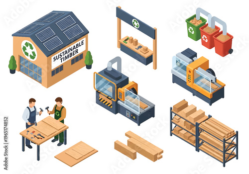 Isometric 3D view vector illustration of furniture manufacturing factory with woodworking machines, assembly tables and stacked wooden boards in industrial workshop