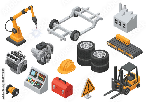 Isometric 3D automotive manufacturing factory set with robotic welding arm, car chassis assembly line, engine station and forklift, modern smart industry concept