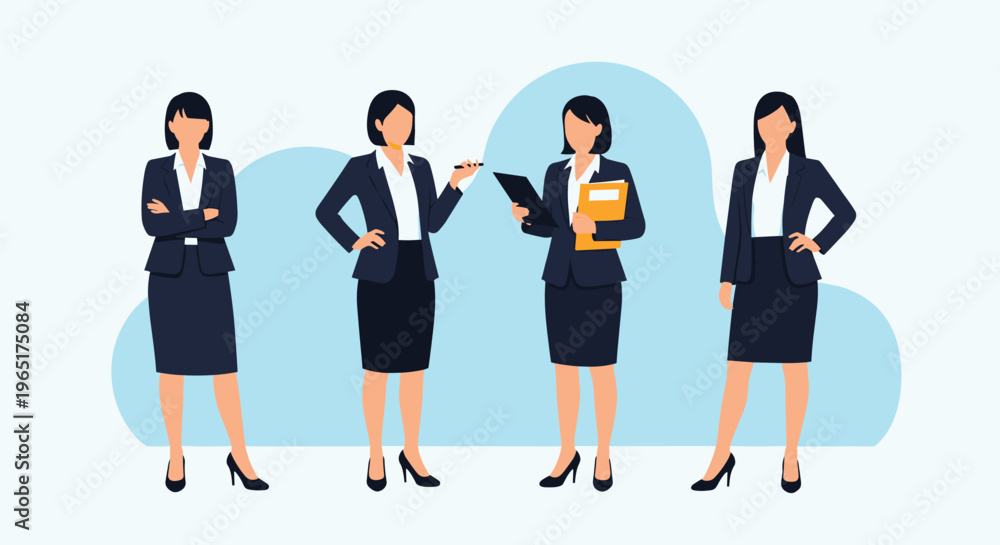 Fototapeta premium Four successful businesswomen standing together in professional suits against a soft blue sky and cloud background.