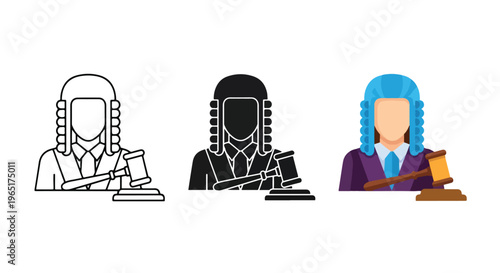 Judge in wig with gavel icon set - Line and glyph solid icon and logo template - Clipart, sticker - icon set