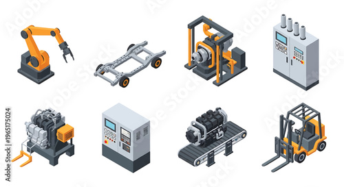 Isometric 3D automotive manufacturing factory set with robotic welding arm, car chassis assembly line, engine station and forklift, modern smart industry concept