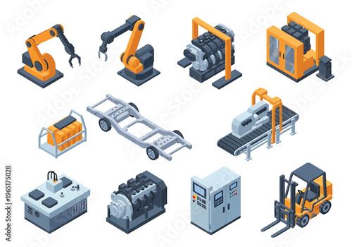Isometric 3D automotive manufacturing factory set with robotic welding arm, car chassis assembly line, engine station and forklift, modern smart industry concept