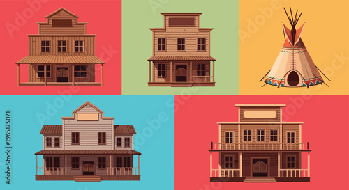 Western town architecture collection featuring vintage wooden buildings and a traditional native american teepee tent.