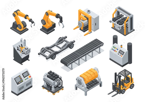 Isometric 3D automotive manufacturing factory set with robotic welding arm, car chassis assembly line, engine station and forklift, modern smart industry concept