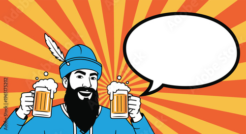 Happy bearded man wearing a blue hat with a feather holds two mugs of frothy beer in a vibrant pop art style.