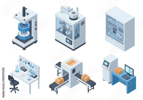 Isometric 3D pharmaceutical factory set with tablet press machine, capsule filling unit and sterile packaging line, healthcare production industry concept