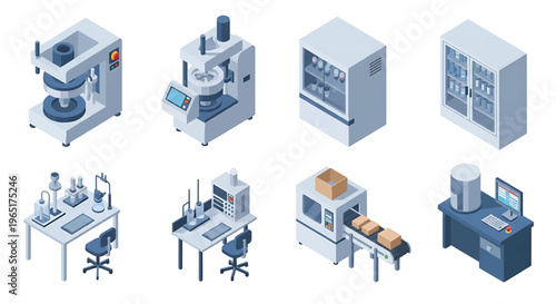 Isometric 3D pharmaceutical factory set with tablet press machine, capsule filling unit and sterile packaging line, healthcare production industry concept
