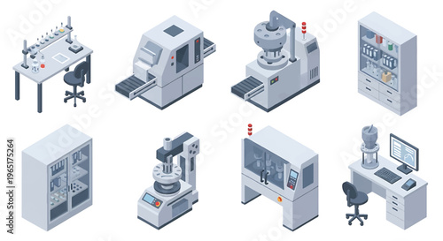 Isometric 3D pharmaceutical factory set with tablet press machine, capsule filling unit and sterile packaging line, healthcare production industry concept