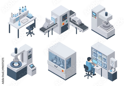Isometric 3D pharmaceutical factory set with tablet press machine, capsule filling unit and sterile packaging line, healthcare production industry concept