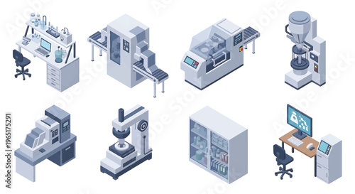 Isometric 3D pharmaceutical factory set with tablet press machine, capsule filling unit and sterile packaging line, healthcare production industry concept