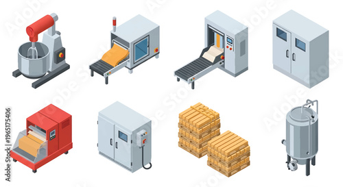 Isometric 3D food processing factory set with industrial mixer, conveyor oven and packaging machine, modern food manufacturing production concept