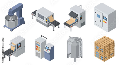Isometric 3D food processing factory set with industrial mixer, conveyor oven and packaging machine, modern food manufacturing production concept