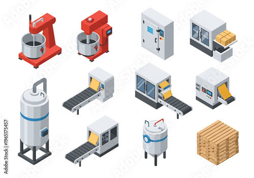 Isometric 3D food processing factory set with industrial mixer, conveyor oven and packaging machine, modern food manufacturing production concept