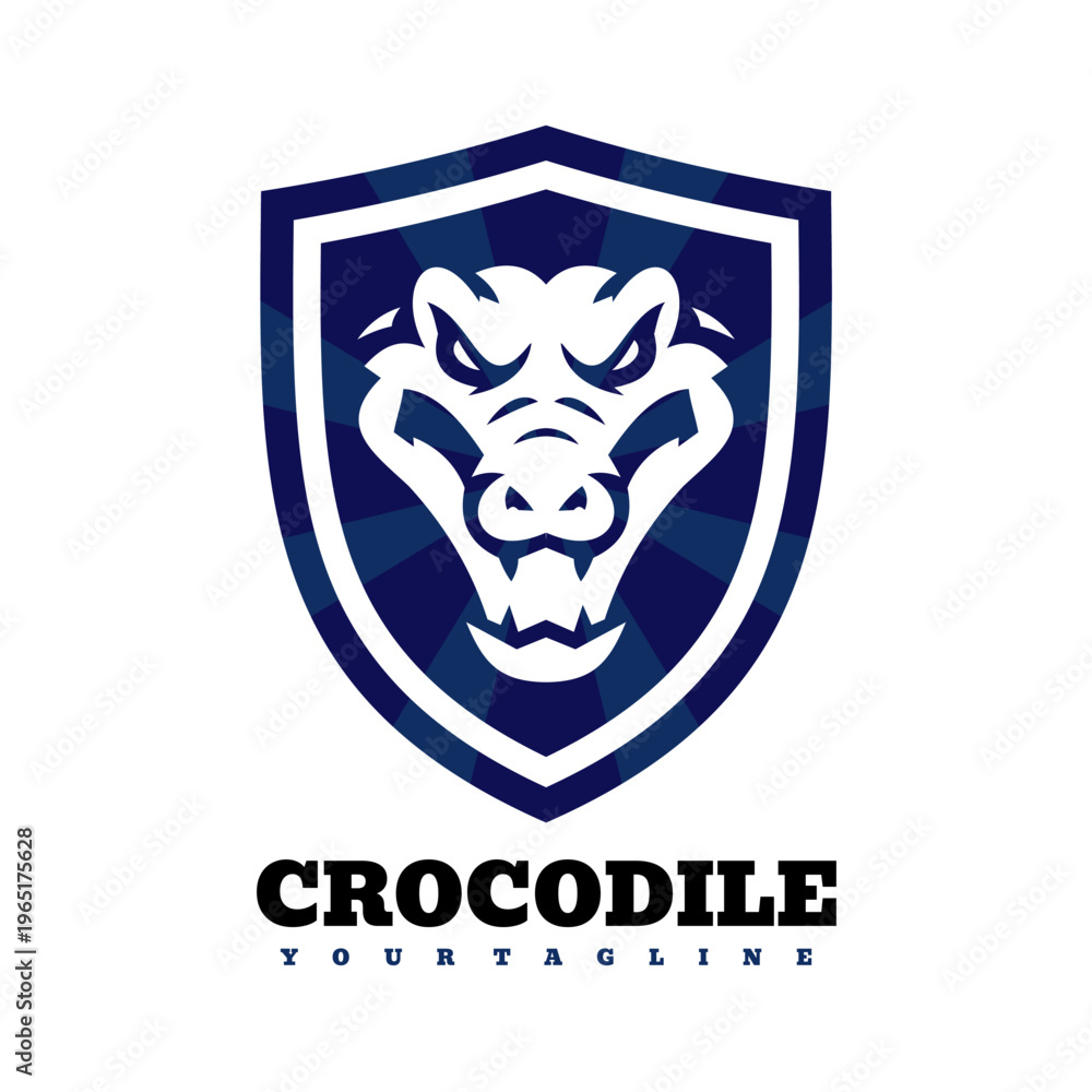 Fototapeta premium Crocodile Shield Logo Mascot Emblem — Fierce Blue Sports Team Crest and Brand Identity Design