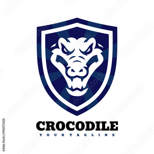 Crocodile Shield Logo Mascot Emblem — Fierce Blue Sports Team Crest and Brand Identity Design