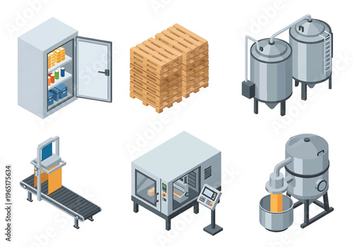 Isometric 3D food processing factory set with industrial mixer, conveyor oven and packaging machine, modern food manufacturing production concept