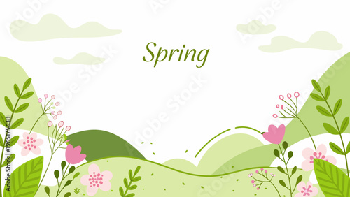 Vibrant spring landscape with rolling hills colorful flowers and lush greenery on a sunny day