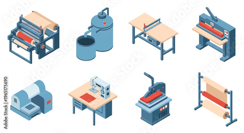 Isometric 3D textile factory set with weaving machine, dyeing tank and sewing station, garment manufacturing and fashion industry production concept