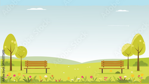 Serene countryside scene with two wooden benches in a lush green meadow surrounded by colorful flowers and trees under a clear blue sky with fluffy clouds perfect for relaxation