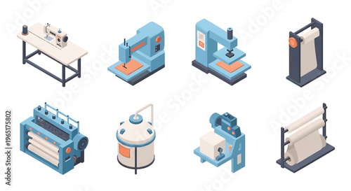 Isometric 3D textile factory set with weaving machine, dyeing tank and sewing station, garment manufacturing and fashion industry production concept