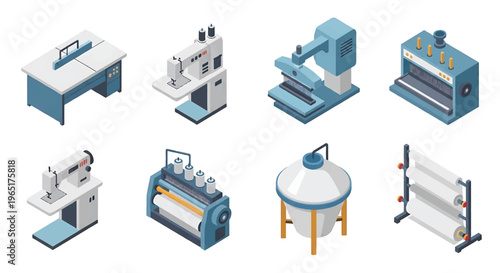 Isometric 3D textile factory set with weaving machine, dyeing tank and sewing station, garment manufacturing and fashion industry production concept