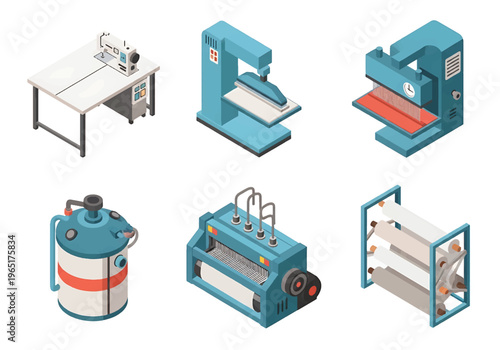 Isometric 3D textile factory set with weaving machine, dyeing tank and sewing station, garment manufacturing and fashion industry production concept