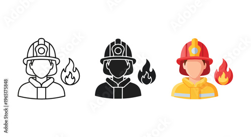 Firefighter in helmet icon set design - Line and glyph solid icon and logo template - Clipart, sticker - icon set