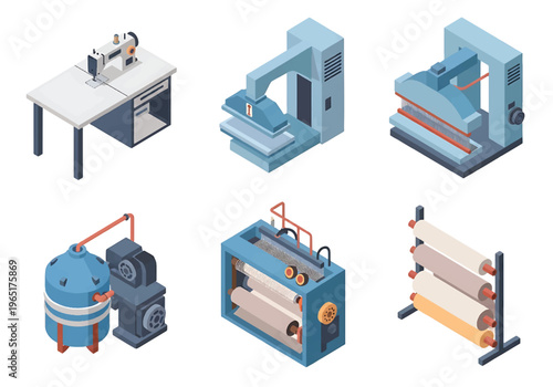Isometric 3D textile factory set with weaving machine, dyeing tank and sewing station, garment manufacturing and fashion industry production concept
