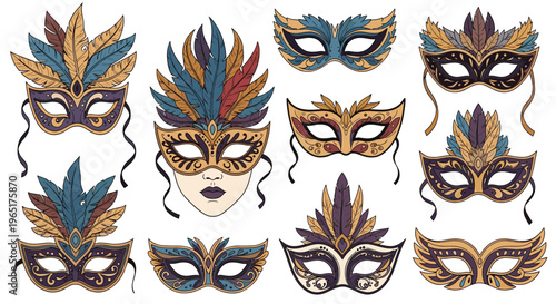 Collection of ornate carnival masquerade masks decorated with feathers, patterns, and elegant gold and purple details.