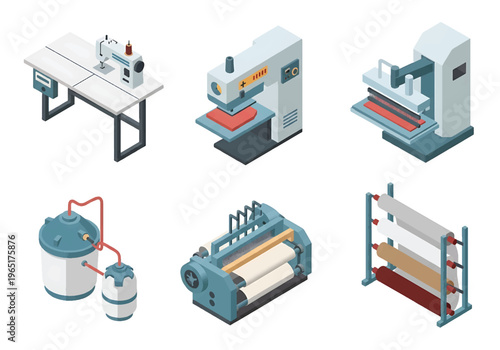 Isometric 3D textile factory set with weaving machine, dyeing tank and sewing station, garment manufacturing and fashion industry production concept