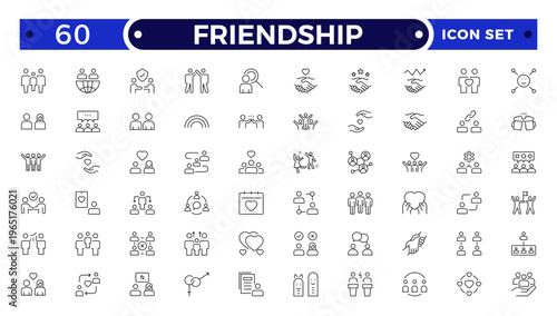 Friendship outline icon set. Containing friends, group of friend, socialize, friendly, cheers, trust, support and best friends icons.