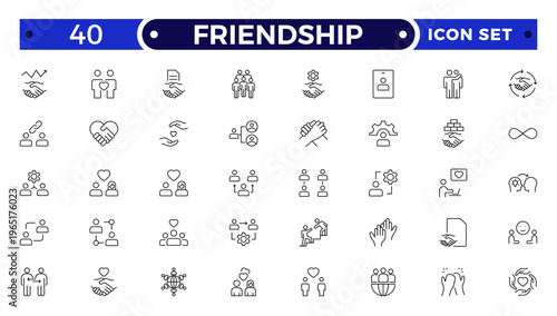 Friendship outline icon set. Containing friends, group of friend, socialize, friendly, cheers, trust, support and best friends icons.
