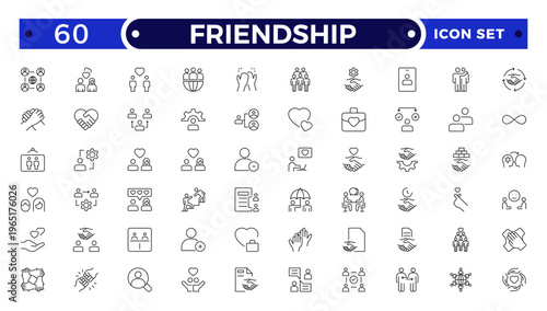Friendship outline icon set. Containing friends, group of friend, socialize, friendly, cheers, trust, support and best friends icons.