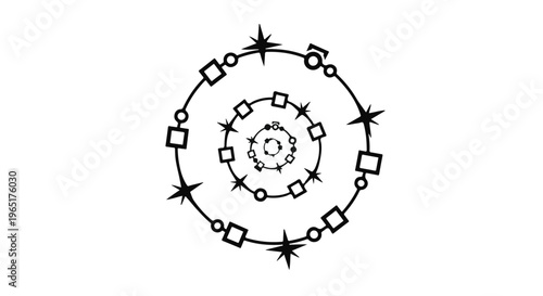 Concentric circles with various geometric shapes and stars create a visually engaging.