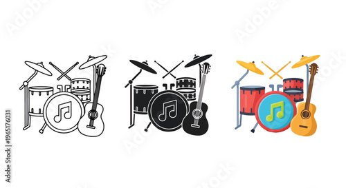 Musical instruments drum and guitar set - Minimalist, flat icon, outline, glyph, linear, clipart, sticker - icon set