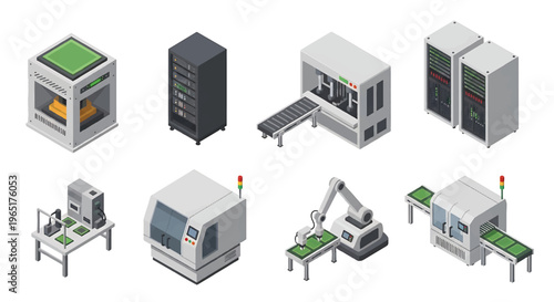 Isometric 3D electronics manufacturing set with robotic soldering machine and circuit board production line, high tech factory automation concept