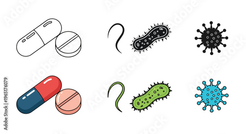 Medical pills and virus bacteria icons - Editable line icons. Vector illustration - Glyph and solid icon set - Icon vector