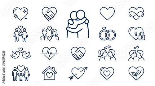 Collection of love and relationship icons representing romance, family, and commitment with symbols of hearts, couples, rings, and hands