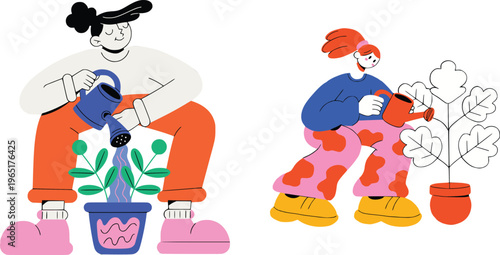 doodle illustration  flat vector of people illustration on gardening, take care of plants
