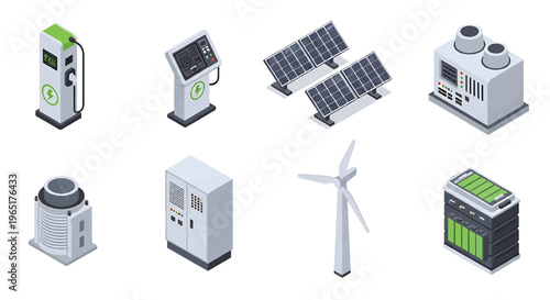 Isometric 3D renewable energy set with solar panels, wind turbine and battery storage system, clean power and sustainable industry concept