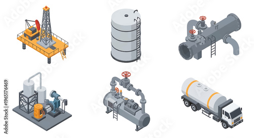 Isometric 3D view vector illustration of oil refinery complex with storage tanks, pipelines and chimneys in organized industrial zone, energy and petrochemical industry concept