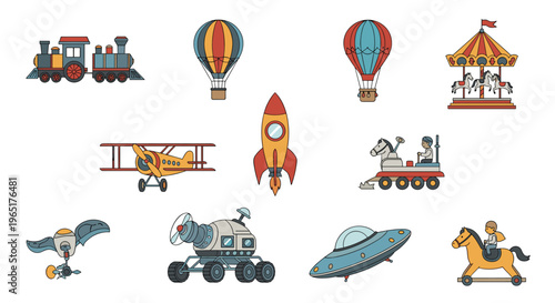 Vintage and futuristic toy collection featuring a train, hot air balloon, plane, rocket, and space rover vehicles.