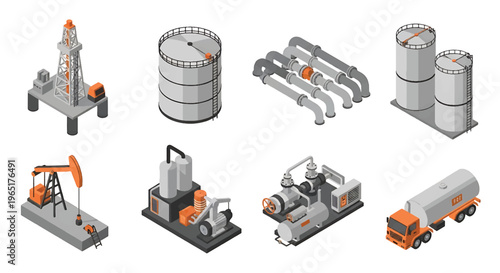 Isometric 3D view vector illustration of oil refinery complex with storage tanks, pipelines and chimneys in organized industrial zone, energy and petrochemical industry concept