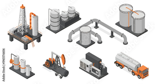 Isometric 3D view vector illustration of oil refinery complex with storage tanks, pipelines and chimneys in organized industrial zone, energy and petrochemical industry concept