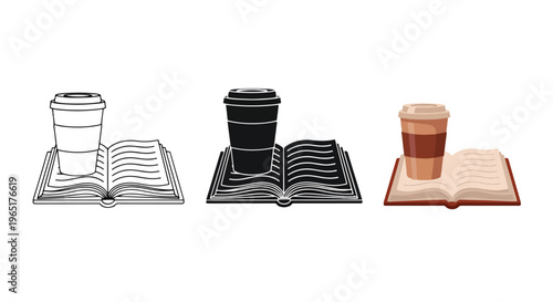 Paper cup of coffee on open book icons - logo icons vector set. Blue, Black and white icons