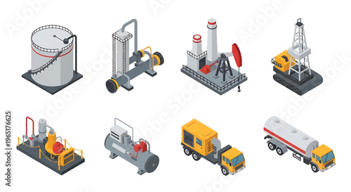 Isometric 3D view vector illustration of oil refinery complex with storage tanks, pipelines and chimneys in organized industrial zone, energy and petrochemical industry concept